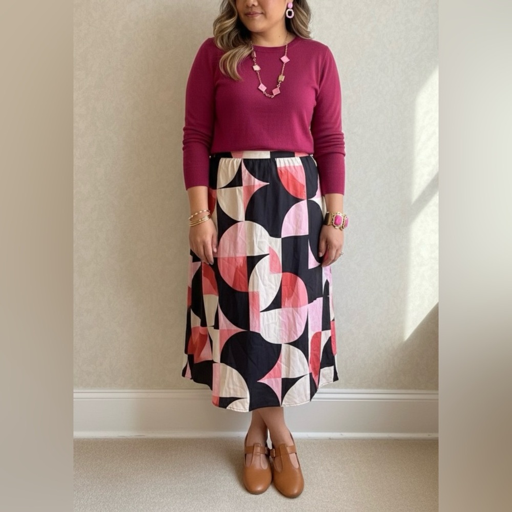 Geometric Print Midi Skirt Pink Black White Elastic Waist SHEIN Curve 2XL